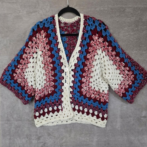 Sweaters - Crochet Cardigan Women Large Multicolor Granny Square Boho Hippie 70s Handmade